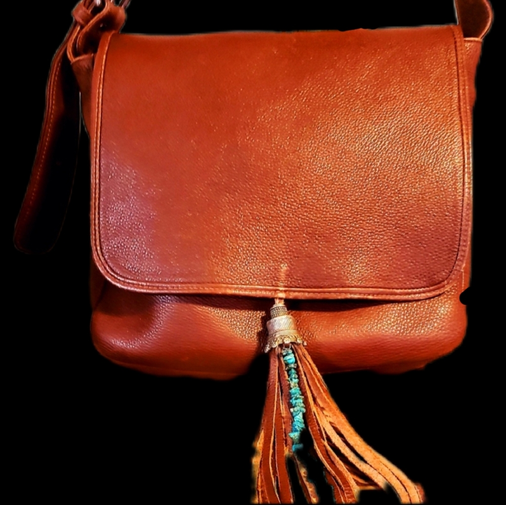 HOBO Brn Leather Saddle Handbag w/Real Turquoise EUC